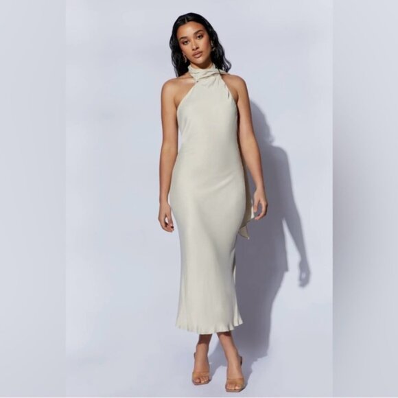 Meshki Astrella Neck Wrap Midi A-Line Dress - Wheat - Picture 1 of 4